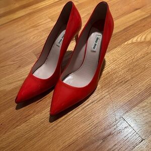 Miu Miu Prada red patent silver sparkle heels